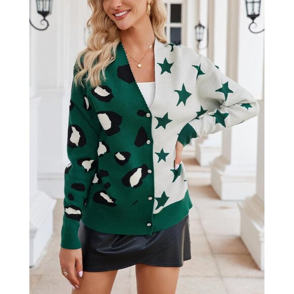 Women's Leopard Star Cardigan V-Neck Long Sleeve Button Down Oversized - Picture 5 of 7